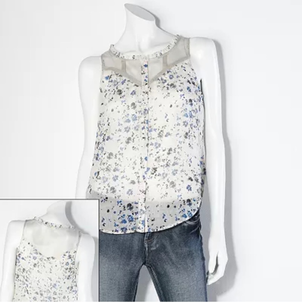 Princess Vera Wang Sheer Button-Front Sleeveless Top Small Cream & Blue Floral - Picture 12 of 13